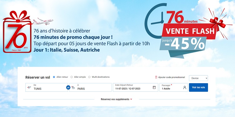 Tunisair 1 Tunisair fête ses 76 ans d’histoire : Profitez de 76 minutes de promotions exceptionnelles chaque jour